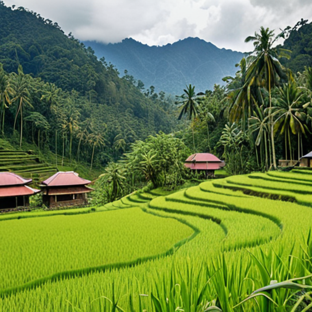 **Image Prompt:** A vibrant, layered landscape showcasing the interconnectedness of physical and human geography in Malaysia. In the foreground, rice paddies and traditional houses nestle against a backdrop of lush rainforest and mountains. Overlay this with subtle lines indicating trade routes and population migration patterns. Include icons representing Malaysia's diverse cultures (Malay, Chinese, Indian) and natural resources (oil palm, rubber). The overall style should be educational and visually engaging, suitable for illustrating geographical concepts.