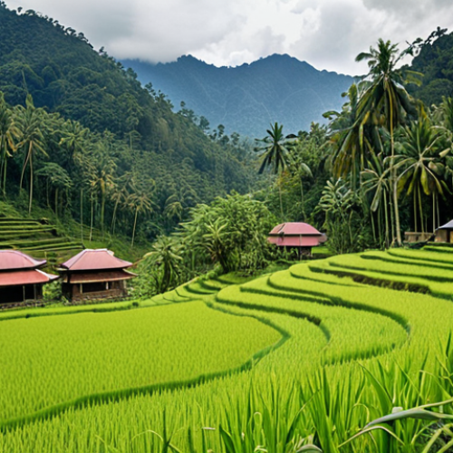 **Image Prompt:** A vibrant, layered landscape showcasing the interconnectedness of physical and human geography in Malaysia. In the foreground, rice paddies and traditional houses nestle against a backdrop of lush rainforest and mountains. Overlay this with subtle lines indicating trade routes and population migration patterns. Include icons representing Malaysia's diverse cultures (Malay, Chinese, Indian) and natural resources (oil palm, rubber). The overall style should be educational and visually engaging, suitable for illustrating geographical concepts.