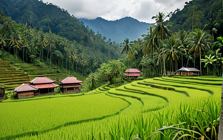 **Image Prompt:** A vibrant, layered landscape showcasing the interconnectedness of physical and human geography in Malaysia. In the foreground, rice paddies and traditional houses nestle against a backdrop of lush rainforest and mountains. Overlay this with subtle lines indicating trade routes and population migration patterns. Include icons representing Malaysia's diverse cultures (Malay, Chinese, Indian) and natural resources (oil palm, rubber). The overall style should be educational and visually engaging, suitable for illustrating geographical concepts.