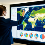 A professional female geographer in a modest business suit, fully clothed, is standing in a modern geospatial analysis center. She is looking intently at large, high-resolution screens displaying intricate satellite imagery of a diverse landscape and detailed GIS maps with various data layers. Her hands are gesturing towards the screen, as if explaining complex spatial data. The environment features multiple monitors, clean work surfaces, and subtle, warm lighting. The image captures a sense of deep concentration and expertise. Perfect anatomy, correct proportions, natural pose, well-formed hands, proper finger count. Professional photography, sharp focus, cinematic lighting, ultra-detailed. safe for work, appropriate content, fully clothed, professional.