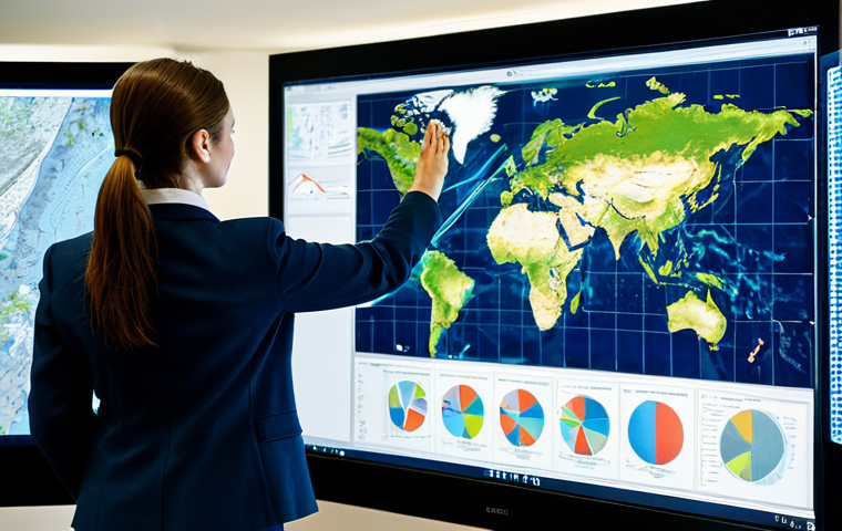 A professional female geographer in a modest business suit, fully clothed, is standing in a modern geospatial analysis center. She is looking intently at large, high-resolution screens displaying intricate satellite imagery of a diverse landscape and detailed GIS maps with various data layers. Her hands are gesturing towards the screen, as if explaining complex spatial data. The environment features multiple monitors, clean work surfaces, and subtle, warm lighting. The image captures a sense of deep concentration and expertise. Perfect anatomy, correct proportions, natural pose, well-formed hands, proper finger count. Professional photography, sharp focus, cinematic lighting, ultra-detailed. safe for work, appropriate content, fully clothed, professional.