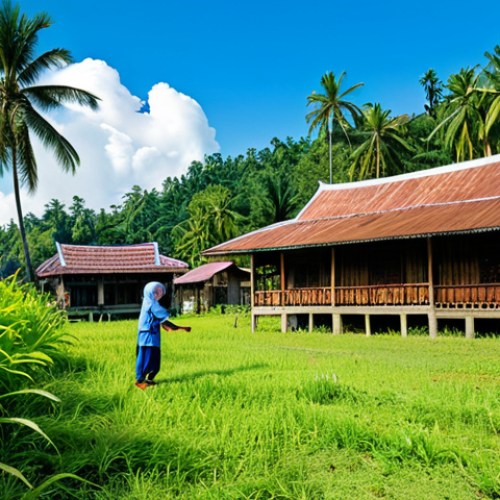 Kampung Life**

A vibrant scene of a traditional Malay kampung (village) in the Malaysian countryside. The image features a group of children, fully clothed in modest clothing, playing happily in the open area. Traditional wooden houses (rumah kampung) with intricate carvings are visible in the background. Lush greenery, including palm trees and various tropical plants, surrounds the area. The sky is bright blue with fluffy clouds. Focus on capturing the warmth and simplicity of rural Malaysian life. Safe for work, appropriate content, fully clothed, family-friendly. Perfect anatomy, correct proportions, natural pose, professional photography, high quality.

**