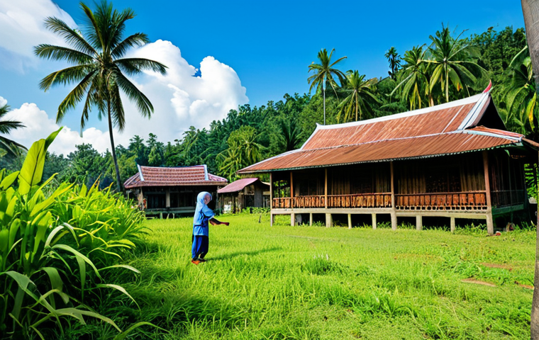 Kampung Life**

A vibrant scene of a traditional Malay kampung (village) in the Malaysian countryside. The image features a group of children, fully clothed in modest clothing, playing happily in the open area. Traditional wooden houses (rumah kampung) with intricate carvings are visible in the background. Lush greenery, including palm trees and various tropical plants, surrounds the area. The sky is bright blue with fluffy clouds. Focus on capturing the warmth and simplicity of rural Malaysian life. Safe for work, appropriate content, fully clothed, family-friendly. Perfect anatomy, correct proportions, natural pose, professional photography, high quality.

**