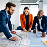 ** A diverse group of urban planners collaborating on a city development project, reviewing maps and architectural models in a brightly lit office, fully clothed, professional attire, safe for work, perfect anatomy, natural proportions, teamwork, modern design.

**